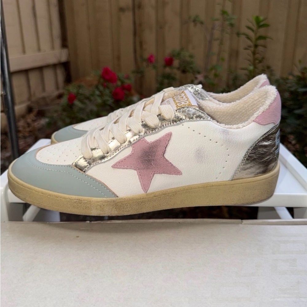 Golden Goose White Sneakers with Pink Star and Silver Accents